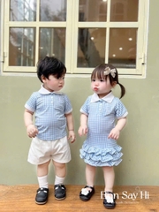 - VÁY BÉ GÁI KẺ CARO XANH KỊ SĨ CỔ TRẮNG BÈO GẤU