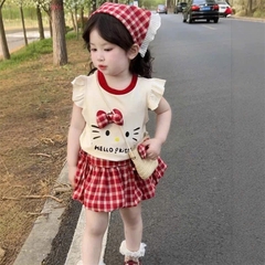 - SET BÉ GÁI 4CT ÁO BE KITTY VIỀN BÈO CVAY KẺ ĐỎ