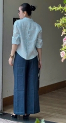 - ÁO SƠ MI NỮ GU XANH DÀI TAY NƠ SAU