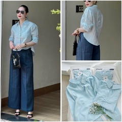 - ÁO SƠ MI NỮ GU XANH DÀI TAY NƠ SAU