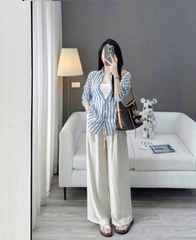 SET NỮ 3CT ÁO SƠ MI XANH SỌC QUẦN SUÔNG BE