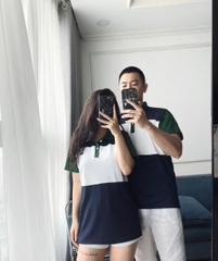 ÁO POLO ĐÔI NAM NỮ PHỐI THAN TRẮNG CỔ XANH