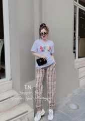 BỘ NỮ ÁO CỘC IN GẤU SẮC MÀU QUẦN KẺ BBR
