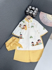 (Đặt trước) B - SET ÁO DÀI BÉ TRẮNG QUẦN VÀNG HÌNH CẬU BÉ