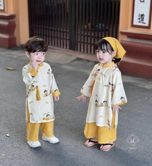 (Đặt trước) B - SET ÁO DÀI BÉ TRẮNG QUẦN VÀNG HÌNH CẬU BÉ