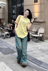 SÉT ÁO PULL CỘC VÀNG MIX QUẦN SUÔNG THÊU CÚN