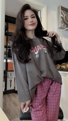 BỘ COTTON GHI CHỮ PEANUTS QUẦN KẺ