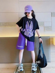 BỘ ĐÙI BÉ GÁI SIZE ĐẠI ÁO ĐEN THỎ QUẦN TÍM