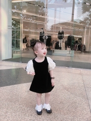 BÁN SỈ VÁY BÉ GÁI NHUNG ĐEN TAY BE ĐÍNH NƠ