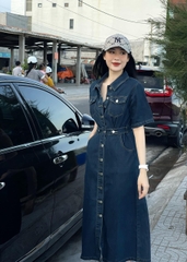 BÁN SỈ VÁY SƠ MI BÒ XANH ĐÍNH KHUY CỘC TAY