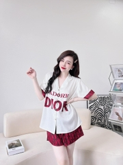 BỘ LỤA ĐÙI DIOR CỘC TAY MÀU TRẮNG