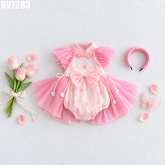 Set Body Váy Voan Nơ Cổ Tàu Kèm Băng Đô