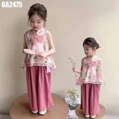 Set Áo Cổ Tàu Hoa Quần Ống Rộng