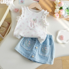 Set Áo Viền Bèo Quần Giả Váy Hoa
