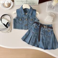 Set Áo Sát Nách Váy Xếp Ly Denim