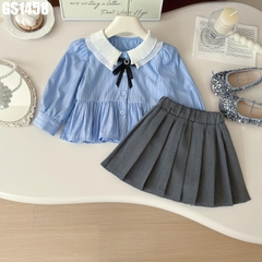 Set Áo Sơ Mi Sọc Váy Xếp Ly