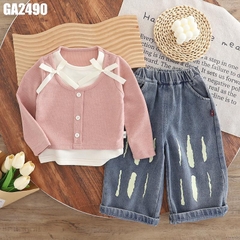 Set Áo Giả Cardigan Đính Nơ Kèm Quần