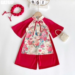 Set Áo Dài Hoa Đỏ Kèm Mấn