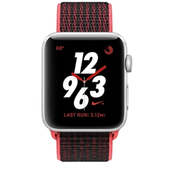 Apple Watch Series 3 GPS + Cellular 38mm - Nike+ Silver Aluminum Case with Bright Crimson-Black Nike Sport Loop