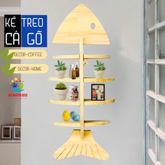 Kệ Gỗ Trang Trí Treo Tường Không Cần Khoan Hình Xương Cá Đựng Đồ Lưu Niệm, Kệ Gỗ Thông Tự Nhiên Decor Nhà Cửa