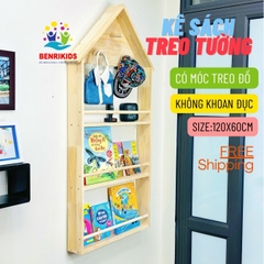 Kệ Sách Mái Nhà Có Móc Treo Đồ Cho Bé Treo Tường Không Khoan Tường , Kệ Giá Sách Montessori Sau Cửa Decor Phòng