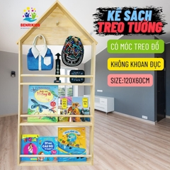 Kệ Sách Mái Nhà Có Móc Treo Đồ Cho Bé Treo Tường Không Khoan Tường , Kệ Giá Sách Montessori Sau Cửa Decor Phòng