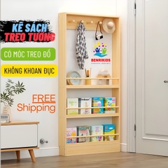 Kệ Sách Treo Tường Có Móc Treo Đồ Không Cần Khoan Đục Tường Tiện Lợi Dễ Lắp Đặt , Giá Đựng Sách Đựng Đồ Nhiều Tầng Cho Bé