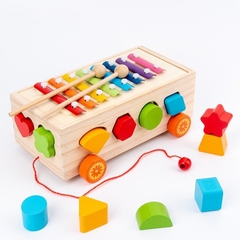 Đồ Chơi Xe Kéo Thả Hình Khối Kết Hợp Đàn Xylophone 8 Thanh Bằng Gỗ An Toàn Cho Bé