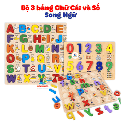 Bộ 3 Bảng Chữ Cái In Thường In Hoa Và Số Học Nổi Song Ngữ Bằng Gỗ