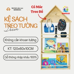 Kệ Sách Mái Nhà Có Móc Treo Đồ Cho Bé Treo Tường Không Khoan Tường , Kệ Giá Sách Montessori Sau Cửa Decor Phòng
