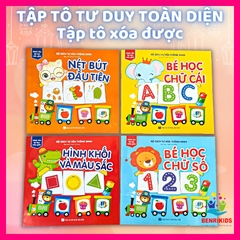 Sách Tự Xóa Thông Minh Bộ 4 Cuốn Bé Học Chữ Số, Chữ Cái, Nét Bút Đầu Tiên, Hình Khối Và Màu Sắc (Tặng Kèm Bút)
