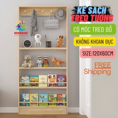 Kệ Sách Treo Tường Có Móc Treo Đồ Không Cần Khoan Đục Tường Tiện Lợi Dễ Lắp Đặt , Giá Đựng Sách Đựng Đồ Nhiều Tầng Cho Bé