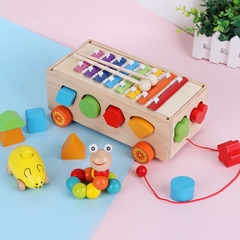 Đồ Chơi Xe Kéo Thả Hình Khối Kết Hợp Đàn Xylophone 8 Thanh Bằng Gỗ An Toàn Cho Bé