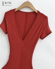 ĐẦM ÔM BODY DÁNG DÀI CỔ CHỮ V NHẤN EO MÀU ĐỎ