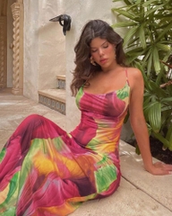 ĐẦM HAI DÂY CỔ ĐỔ HỌA TIẾT ĐỎ PHỐI XANH