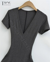 ĐẦM ÔM BODY DÁNG DÀI CỔ CHỮ V NHẤN EO MÀU XÁM