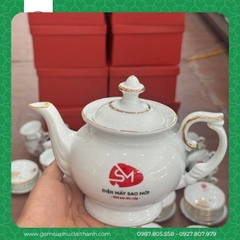 Ấm chén Thuận Buồm Xuôi Gió Trắng Vàng Kim in logo
