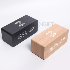 Đồng hồ gỗ để bàn có sạc không dây - in logo Bình Dương Digital Map