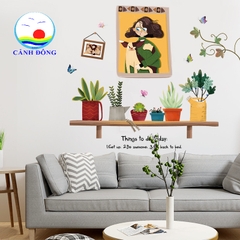 Decal dán tường chậu cây cô gái trang trí phòng xanh mát sang trọng