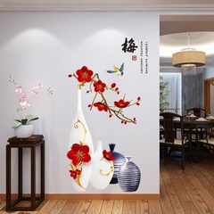 Decal dán tường hoa đào đỏ bình đào trang trọng size lớn chúc tốt lành phú quý