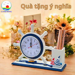 Ống đựng bút gỗ Cảnh Đông – Mô hình thuyền bánh lái, đồng hồ mini – Quà tặng doanh nhân, giáo viên