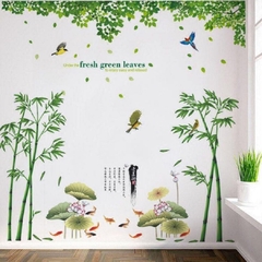 Decal dán tường combo phong cảnh thiên nhiên xanh mát - không gian phòng Á Đông sang trọng