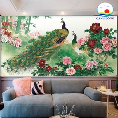 Decal dán tường chim công khổng tước hoa mẫu đơn sang trọng in kích thước theo yêu cầu