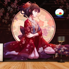 Giấy dán tường 3D phong cách Nhật Bản hình ảnh cô gái Anime mặc Kimono dễ thường