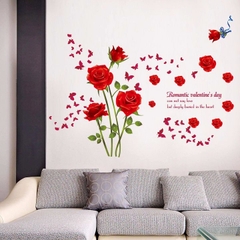 Decal dán tường hoa hồng lãng mạn trái tim trang trí phòng đẹp sang trọng