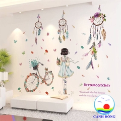 Decal dán tường phòng ngủ dễ thương combo cô gái và dreamcatcher