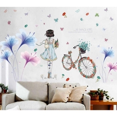 Decal dán tường phòng ngủ combo cô gái giữa vườn hoa tím lãng mạn