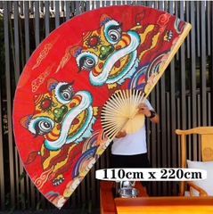 Quạt vải treo tường trang trí tết, khai trương  hình đôi lân độc đáo nhiều kích thước - Nhận vẽ tay theo yêu cầu