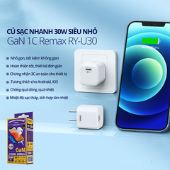 Cốc sạc nhanh Remax RY-U30A 30W siêu nhỏ GaN chuẩn PD
