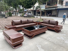 Sofa Góc L Chân Thuyền Gỗ Hương Đá PU Màu Óc Chó Hàng Đặt A Chiến Hà Đông